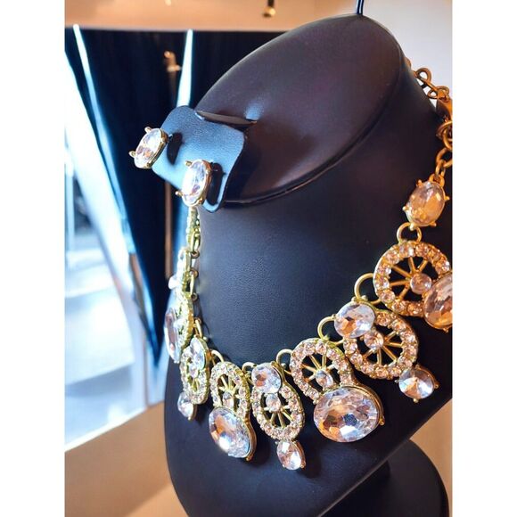 Chunky Statement Necklace & Earrings Set – Silver Tone, Clear Crystal Rhinestone - Picture 3 of 6